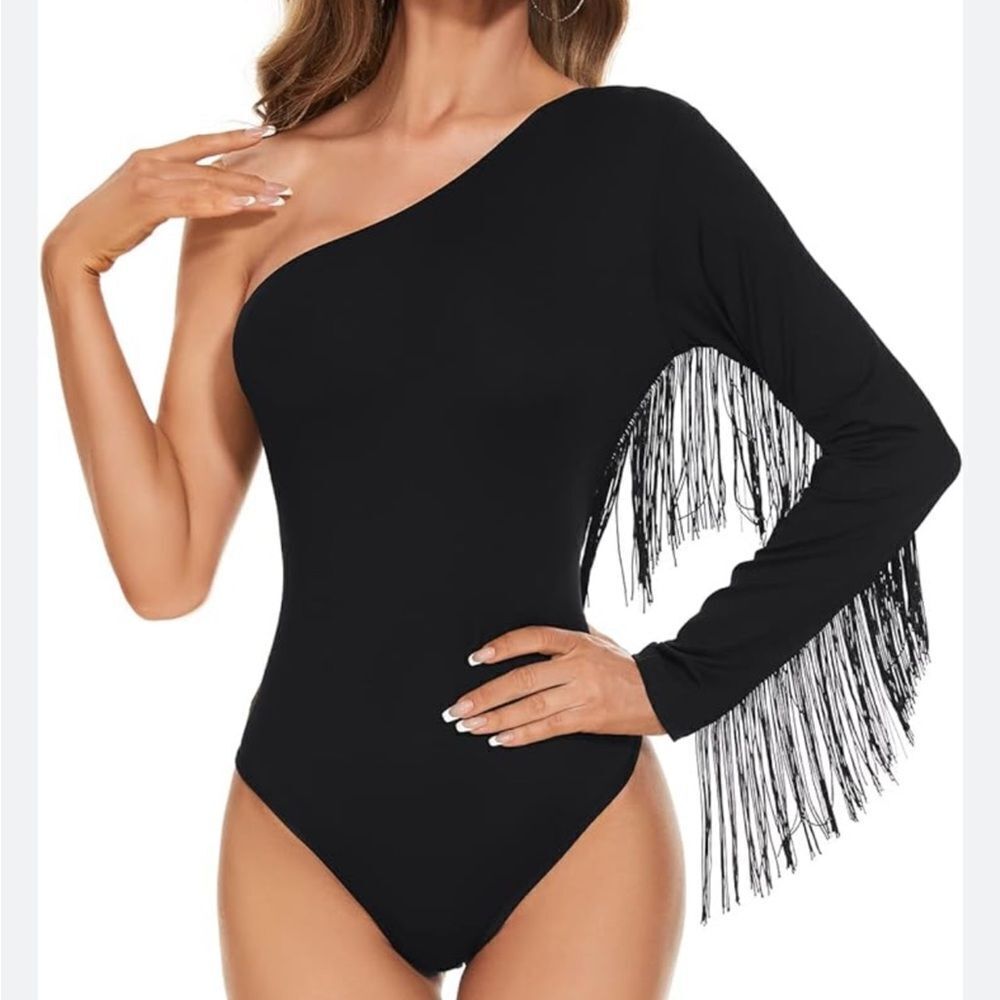 Black One-Shoulder Fringe Bodysuit Sz Med